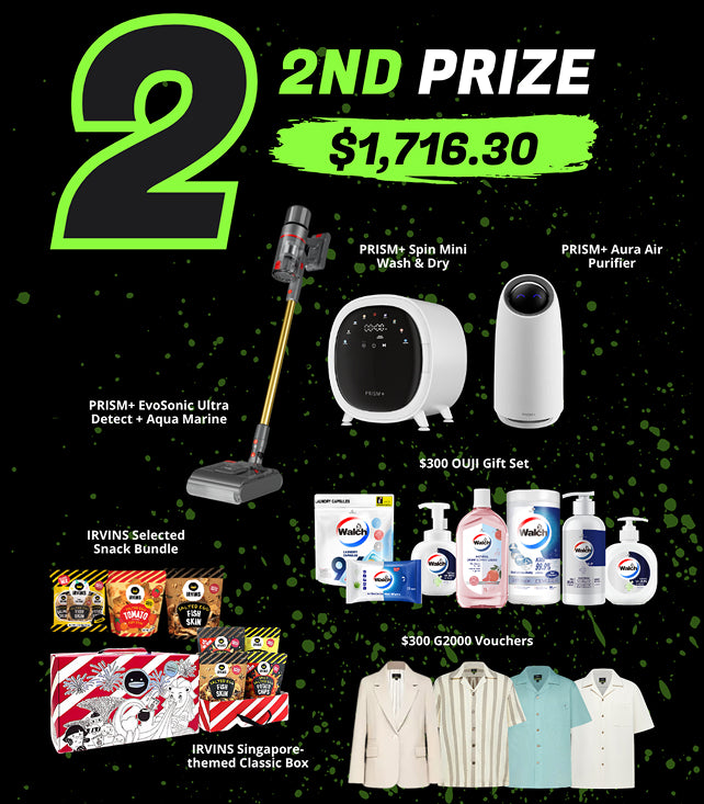 Unlock the Sentinel 2nd prize worth $1,716.30 — PRISM+ Spin Mini Wash & Dry, EvoSonic Ultra Detect + Aqua Marine, Aura Air Purifier, $300 OUJI gift set, $300 G2000 vouchers and IRVINS snacks.