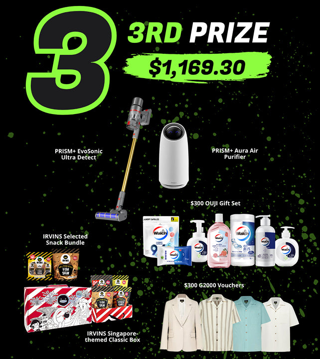 Unlock the Sentinel 3rd prize worth $1,169.30 — PRISM+ EvoSonic Ultra Detect vacuum, Aura Air Purifier, $300 OUJI gift set, $300 G2000 vouchers and IRVINS snacks.