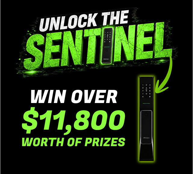 Unlock the Sentinel by PRISM+ — win over $11,800 worth of prizes. Campaign key visual featuring the PRISM+ Sentinel smart door lock.