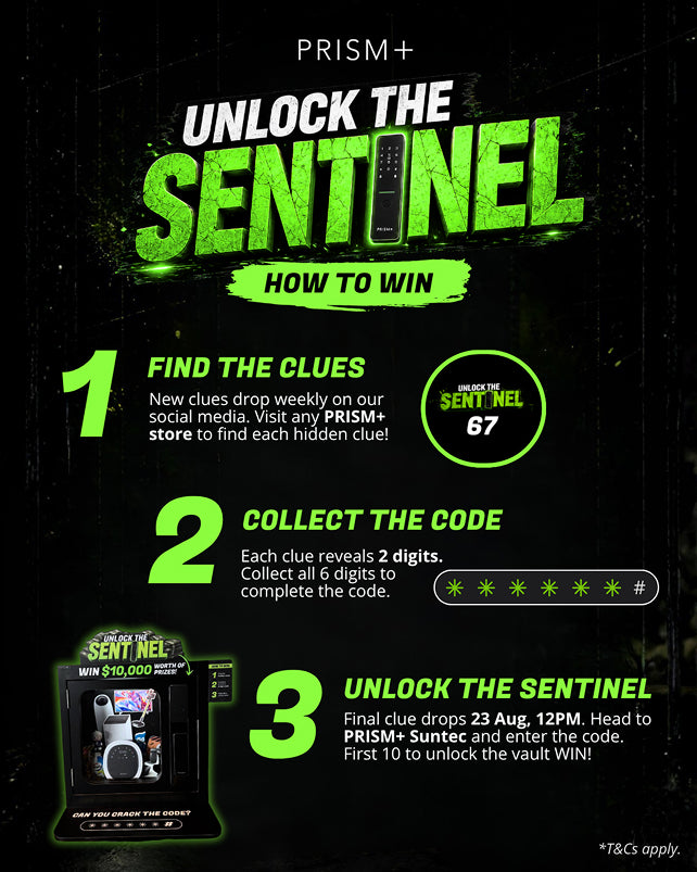 Unlock the Sentinel how to win — find weekly clues at PRISM+ stores, each clue reveals 2 digits, collect all 6 digits, then enter the code at PRISM+ Suntec from 23 Aug to unlock the vault.